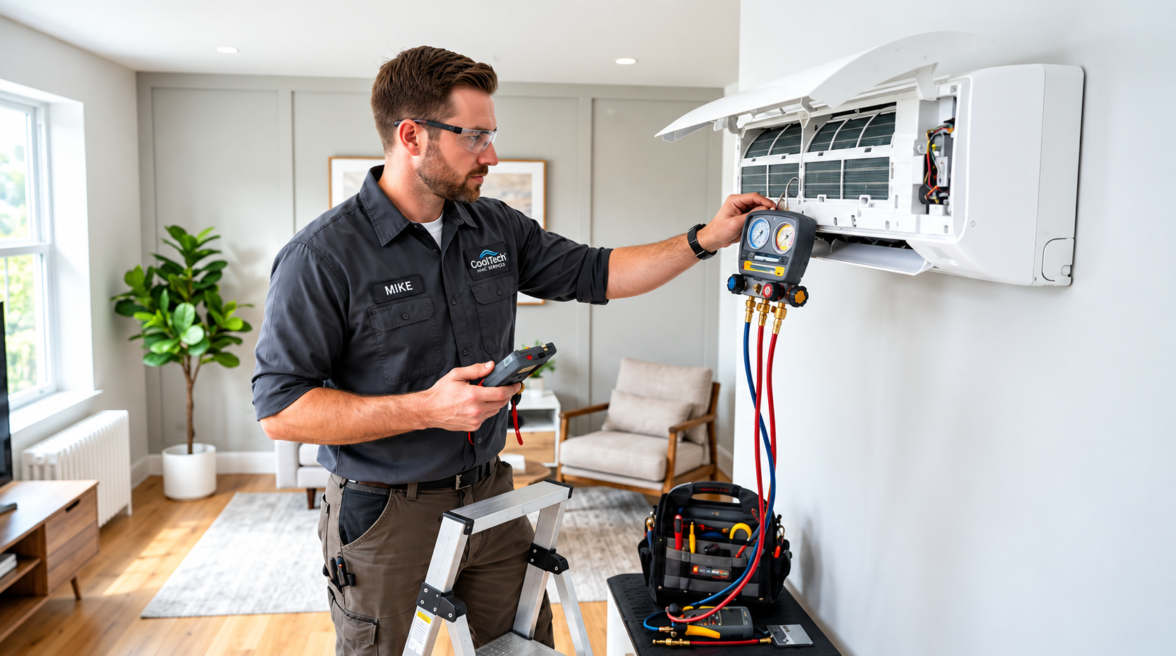 Professional HVAC & RO Specialist servicing AC unit in Raipur home